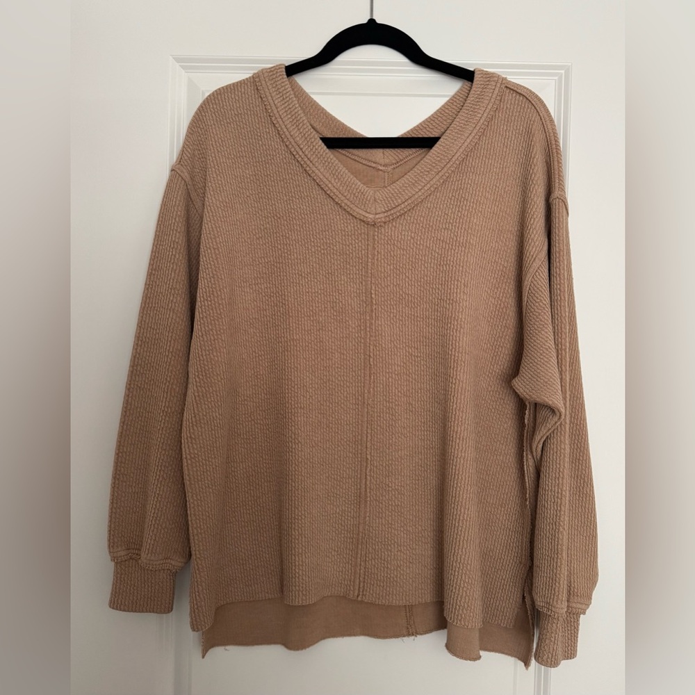 Aerie V-Neck Sweater in Warm Tan